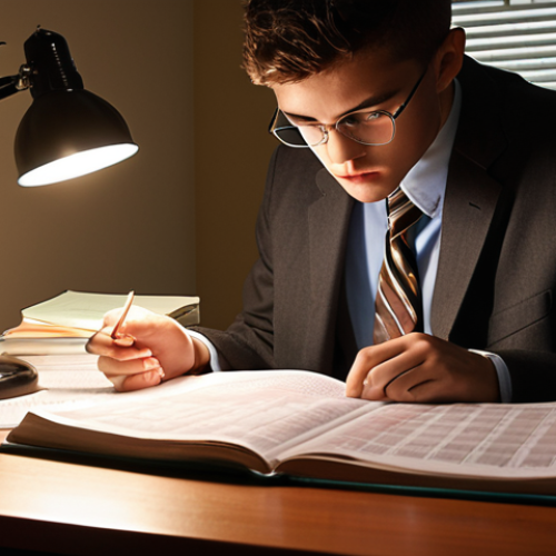 Home 4 Focused Study Session**
A student intensely studying accounting principles with an open textbook, calculator, and financial statements spread across a desk, illuminated by a focused desk lamp. The scene emphasizes concentration and determination.
**