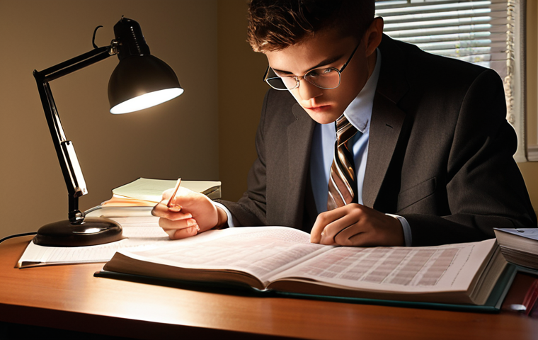 Focused Study Session**

A student intensely studying accounting principles with an open textbook, calculator, and financial statements spread across a desk, illuminated by a focused desk lamp. The scene emphasizes concentration and determination.

**